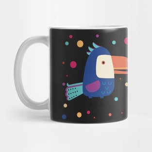 The Two colorful funny parrots meeting for a gossip surrounded with dots in many colors Mug